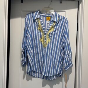 Ruby Rd. Blue and White Striped Blouse with Yellow Embroidery